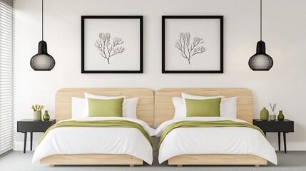 Minimalist twin bedroom with wood headboard, green linens, and pendant lights.
