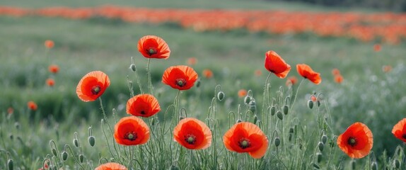 Fototapeta premium Vibrant red poppies blooming in a lush green field under a clear sky in a natural landscape setting