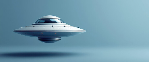 Futuristic ufo spaceship hovering in minimalist blue environment with soft lighting