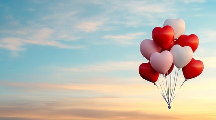 Obraz premium A bunch of red and white heart shaped balloons flying in the sky