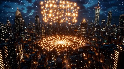 Fototapeta premium Independence Day history commemoration ceremony patriotism. A vibrant fireworks display illuminates a city skyline at night, creating a festive atmosphere filled with light and energy.