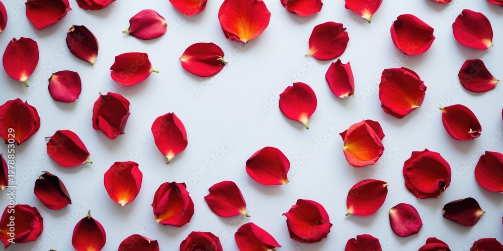 Poster red rose petals arranged on a white background creating a textured pattern in a flat lay composition