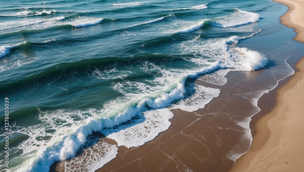 Poster aerial view of ocean waves breaking on sandy beach during daylight with foam and ripples creating pa