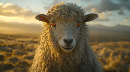 Fototapeta premium Close-up of Sheep in Field at Sunset with Golden Light