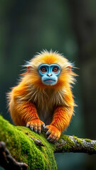 Fototapeta premium A stunning golden snub-nosed monkey sits perched on a moss-covered branch in a misty, ancient forest