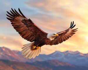 Obraz premium Independence Day history commemoration ceremony patriotism. A majestic eagle soars through a colorful sky, showcasing its impressive wingspan against a backdrop of mountains.
