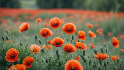 Obraz premium Field of blooming red poppy flowers with green foliage under soft natural lighting during daytime in a rural setting.