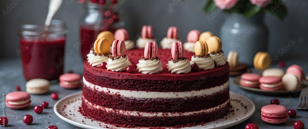 Poster red velvet cake with cream cheese frosting topped with macarons and decorative elements on a table s