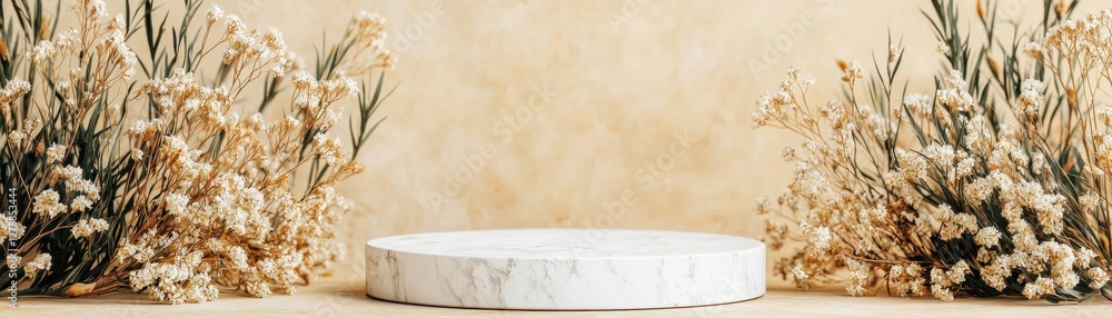 Poster elegant rustic display with round marble platform surrounded by dried flowers on beige background