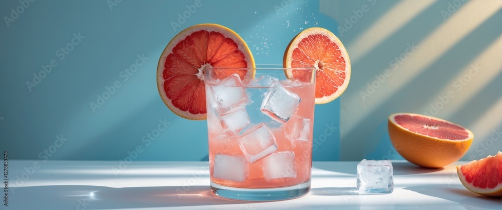Poster refreshing cocktail with ice and grapefruit slices on a blue background in soft natural light