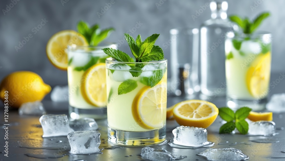 Poster fresh lemon cocktails with ice and mint garnish on a gray background with lemon slices and bottles i