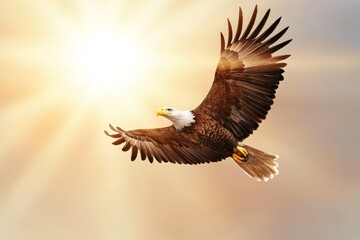 Obraz premium Independence Day history commemoration ceremony patriotism. A majestic eagle soars through a bright sky, wings spread wide, illuminated by sunlight, symbolizing freedom and strength.