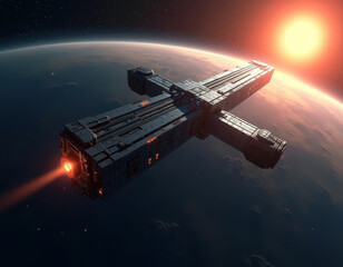 Obraz premium Cosmonautics day celebration: spaceship orbiting earth at sunrise - ideal for sci-fi themes and posters