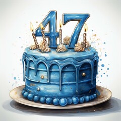 Illustration of decorated blue cake for birthday or anniversary party. Number 47, forty-seventh birthday celebration