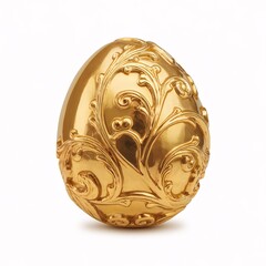 A gold egg with a gold design on it. The egg is sitting on a white background. The egg is very shiny and looks like it is made of gold