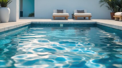 Obraz premium Modern swimming pool with clear blue water and two lounge chairs beside it in a contemporary outdoor setting