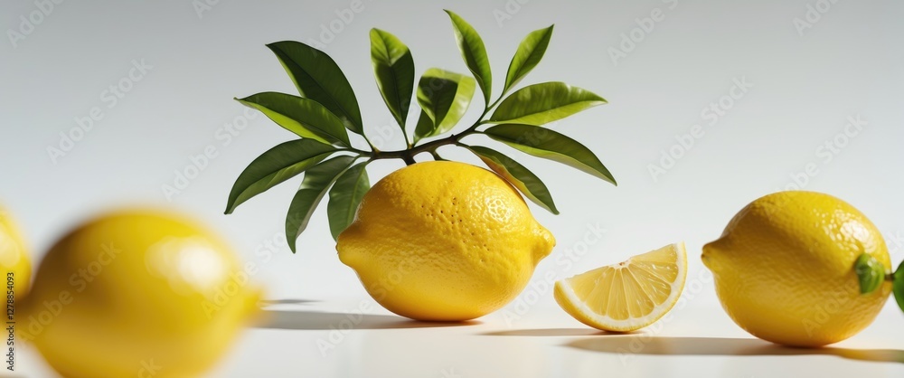 Poster fresh ripe lemons with green leaves and a sliced lemon on a light background in a minimalist setting