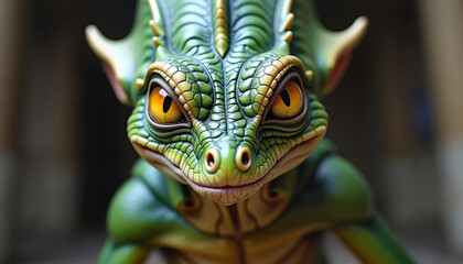 Fototapeta premium Green Reptilian Figurine with Expressive Eyes