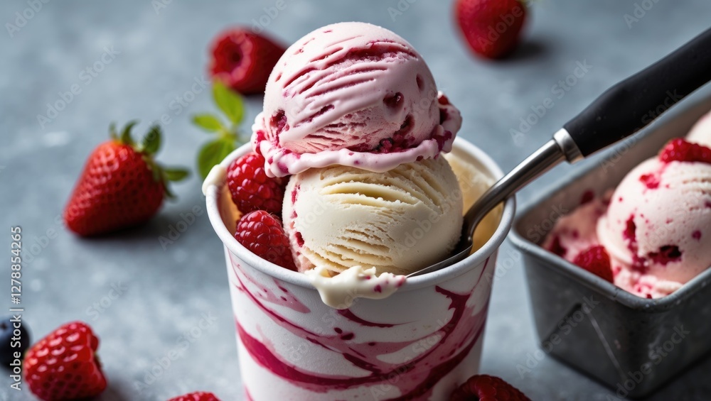 Poster ice cream in cup with raspberry and strawberry toppings on gray surface with scoop and metal contain