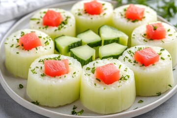 Small, light green, round sushi like appetizers, arranged in a flower pattern on a light gray plate. Each appetizer is topped with small, bright pink pieces of fish and a sprinkle of chopped green