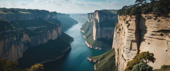 River flowing through steep cliffs in a dramatic canyon landscape under a clear sky with distant hills and lush vegetation