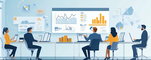 Business team working together in a dynamic office environment, with visual representations of growth, teamwork, and market expansion strategies