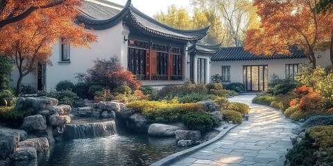 Obraz premium Chinese traditional garden courtyard small bridge flowing water autumn landscape
