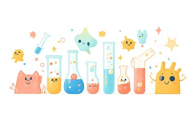 Charming sciencethemed illustration with friendly lab equipment such as test tubes and graduated cylinders, with joyful expressions, on a white backdrop