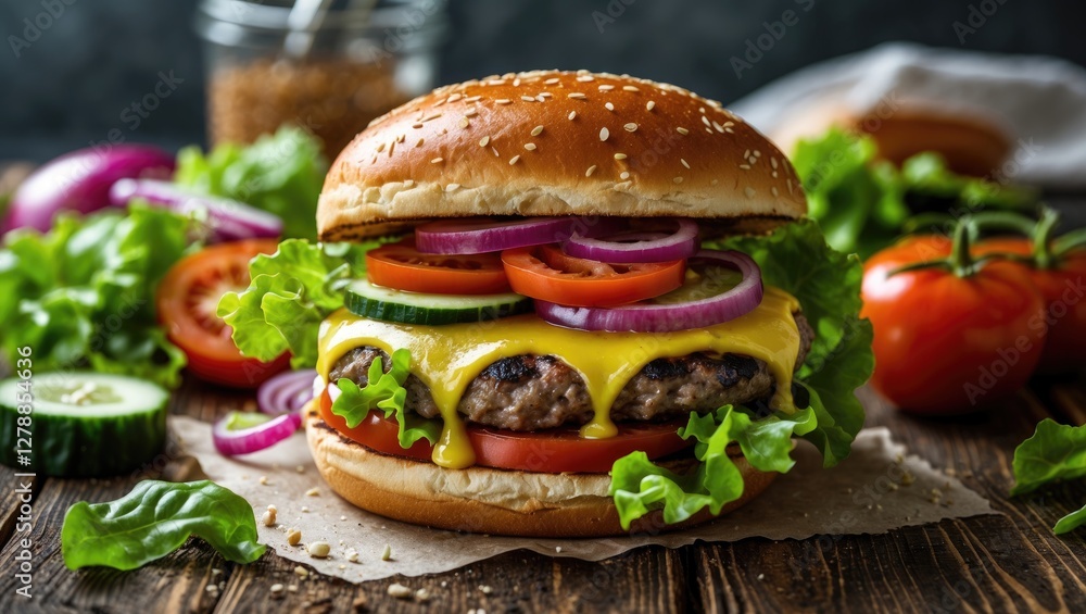 Poster freshly assembled cheeseburger with lettuce tomato onion and cucumber served on rustic wooden table 