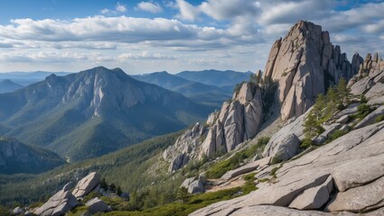 Majestic mountain landscape with rocky formations and green forested valleys under a cloudy sky.