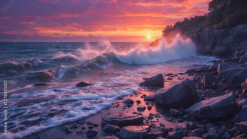 Wall mural Coastal landscape at sunset with crashing waves rock formations and colorful sky over the ocean shoreline.