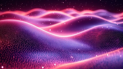 Abstract Digital Landscape with Waves and Sparkling Particles in Purple and Pink Tones