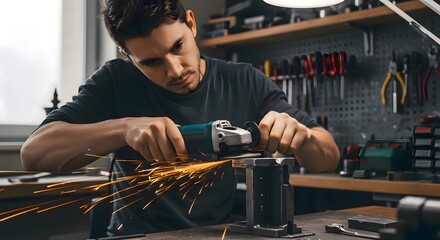 Skilled Craftsman Using Angle Grinder on Wood in Workshop.