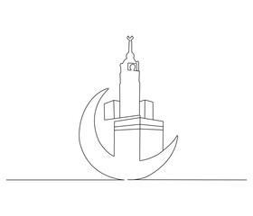 Continuous one line drawing of Crescent moon and kaabah. Single line drawing illustration of Islamic icon for greeting card. Ramadan kareem concept vector art. Doodle line illustration.