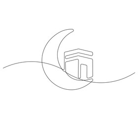 Continuous one line drawing of Crescent moon and kaabah. Single line drawing illustration of Islamic icon for greeting card. Ramadan kareem concept vector art. Doodle line illustration.