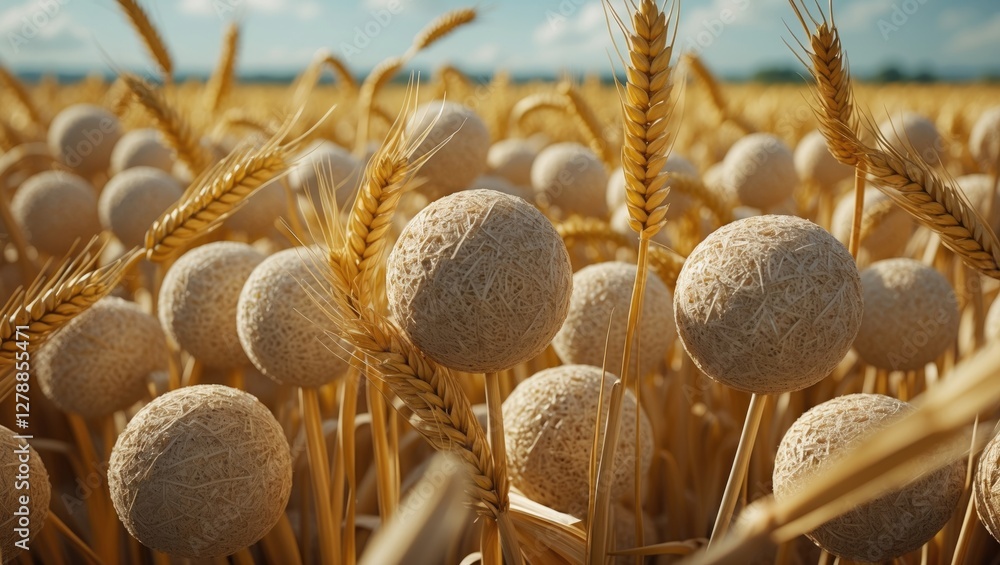 Poster wheat field with decorative spherical objects resembling natural materials illuminated by sunlight u