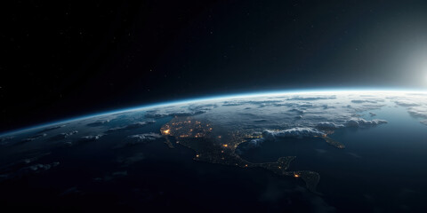 Stunning view of earth from space with city lights and cloud formations