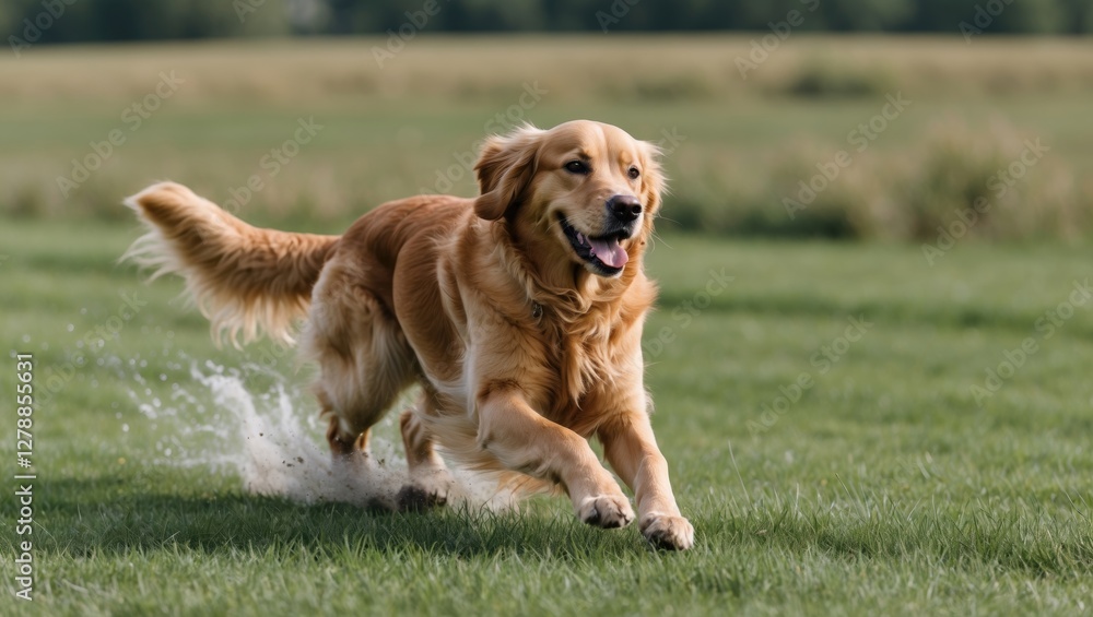Poster golden retriever running joyfully through a grassy field with water splashing around its paws on a s