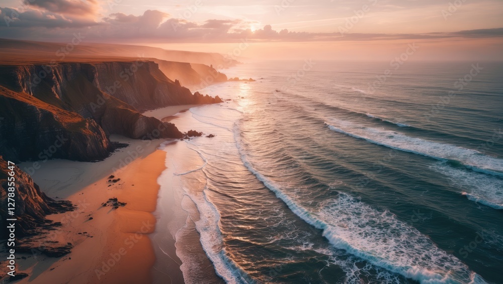 Sticker Coastal landscape with waves crashing on sandy beach at sunset with cliffs in the background and colorful sky reflections