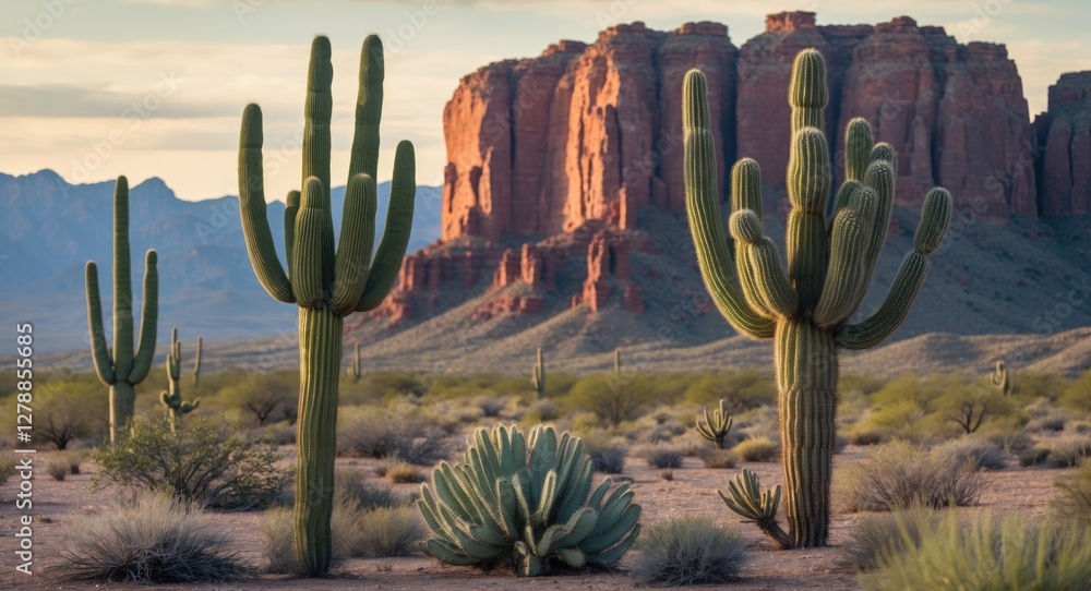 Canvas Prints Desert landscape featuring tall cacti and rocky formations under golden hour light with distant mountains and vegetation in foreground.