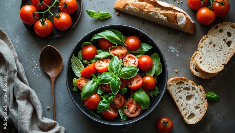 Poster fresh cherry tomatoes and basil leaves arranged in a bowl with slices of bread on a textured surface