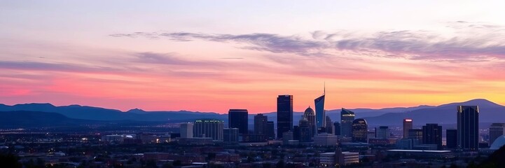 Salt Lake City skyline at dusk, with illuminated buildings against a twilight sky, twilight, reflection, architecture