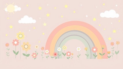 Scandinavian rainbow cartoon set with clouds, flowers, stars in pastel colors for kids textile wallpaper design, nursery, elements, kids