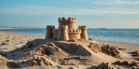 Sandcastle built on beach sand with ocean and sky in the background during daylight hours
