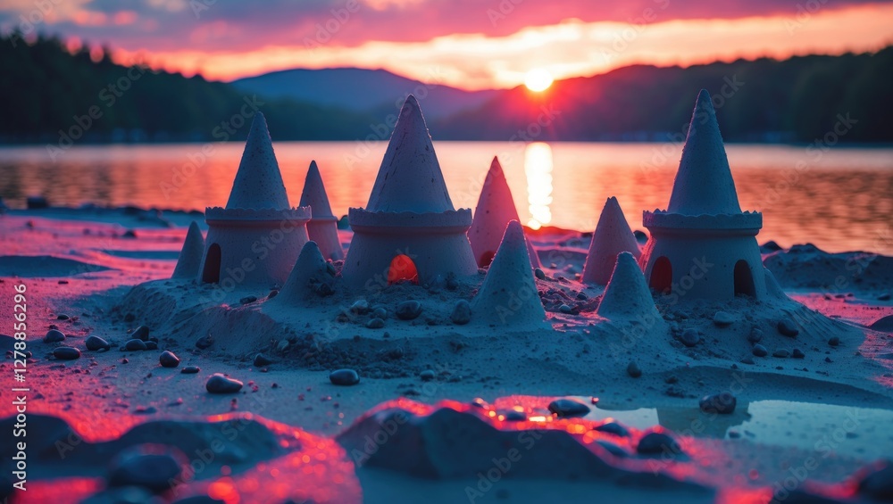 Aufkleber sandcastle by the water during sunset with reflections in the foreground and mountains in the backgr