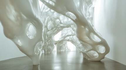 Obraz premium A striking art installation features translucent, organic shapes with hollowed forms, creating a surreal, fluid environment that plays with light and space.