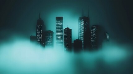 Fototapeta premium Mysterious city skyline shrouded in eerie fog at night.