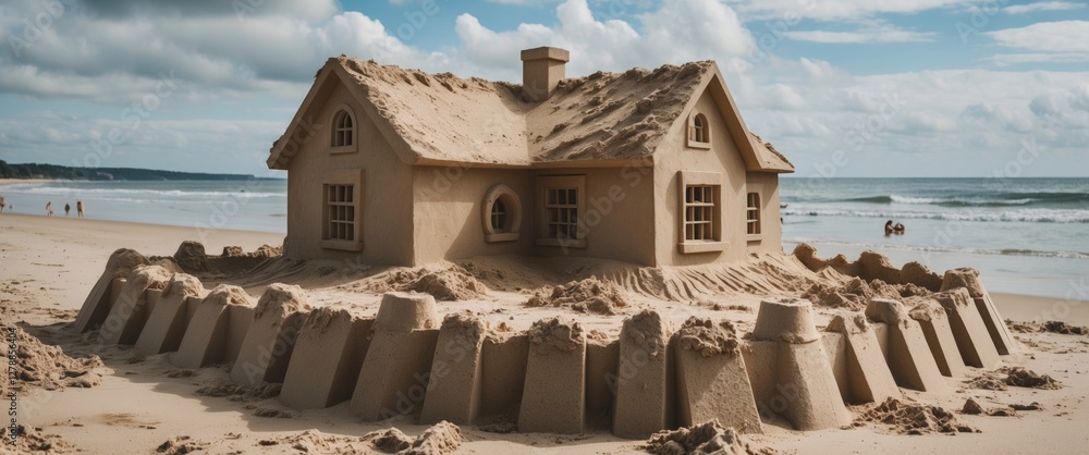 Poster sandcastle resembling a house on a beach with waves in the background and a cloudy sky creating a tr