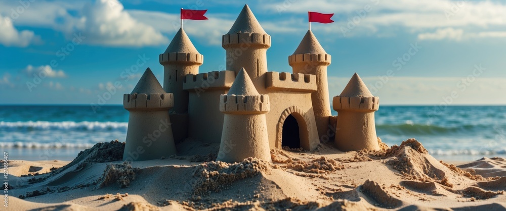 Aufkleber sandcastle with red flags on a beach with ocean in the background under a clear sky. summer recreati