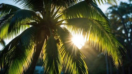 Fototapeta premium Sunlight filtering through palm tree leaves with a bright sun in the background during a tropical landscape scene.